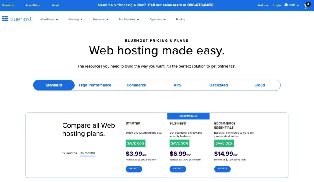 Bluehost homepage with WordPress hosting options and one-click setup