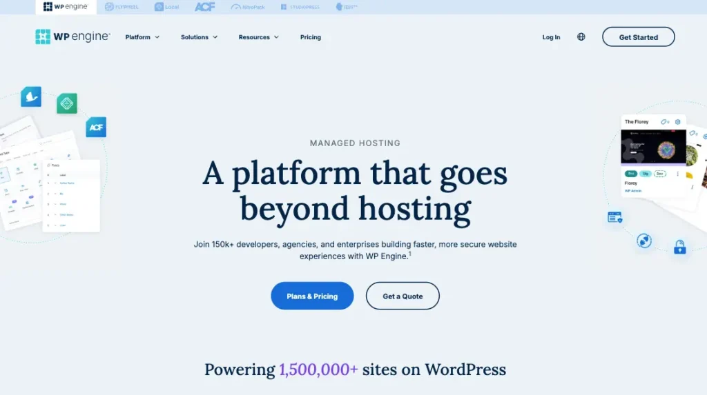 WP Engine homepage featuring professional managed WordPress hosting solutions