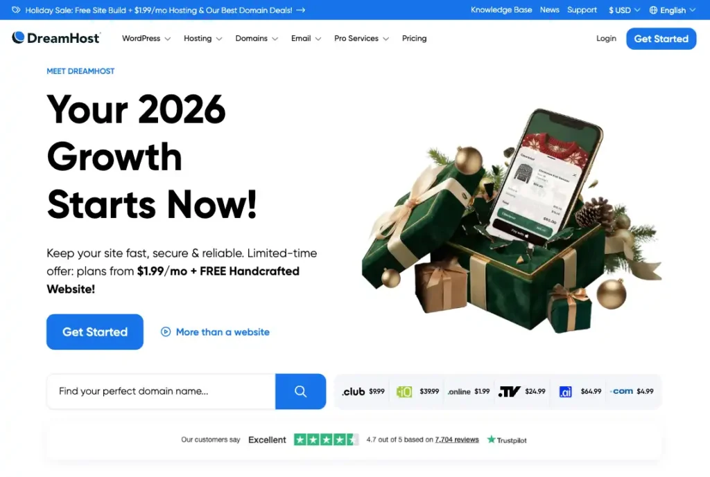 DreamHost homepage displaying WordPress hosting plans and transparent pricing