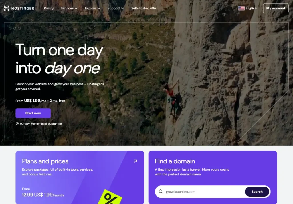 Hostinger homepage showing beginner-friendly WordPress hosting plans and features