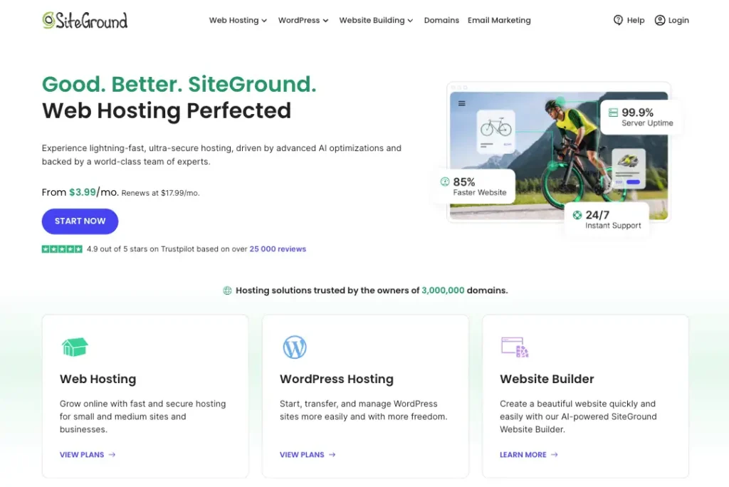 SiteGround homepage highlighting managed WordPress hosting and customer support