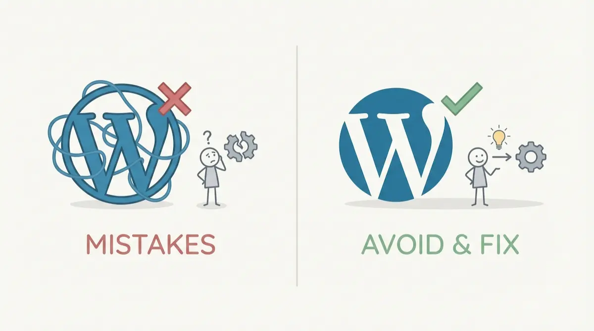 Split illustration showing a crossed-out WordPress logo labeled “Mistakes” on the left and a checked WordPress logo labeled “Avoid & Fix” on the right, to represent Common WordPress Mistakes Beginners Make