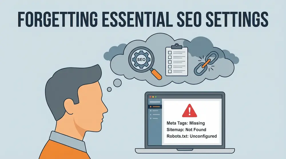 Illustration of a person viewing a laptop warning about missing SEO settings like meta tags, sitemap, and robots.txt, Common WordPress mistakes