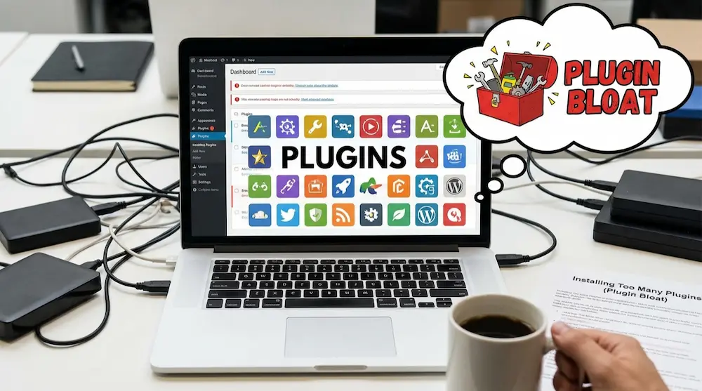 Laptop displaying a WordPress plugins screen with many icons and a thought bubble labeled “Plugin Bloat” while a person holds a coffee cup nearby to represent Common WordPress Mistakes Beginners Make