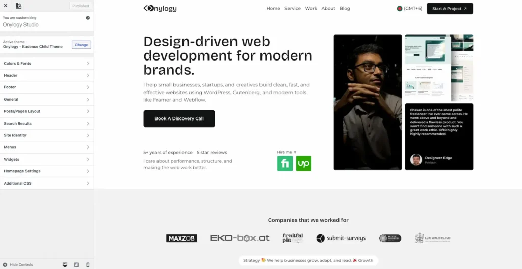 KadenceWP website customization interface of onylogy.com