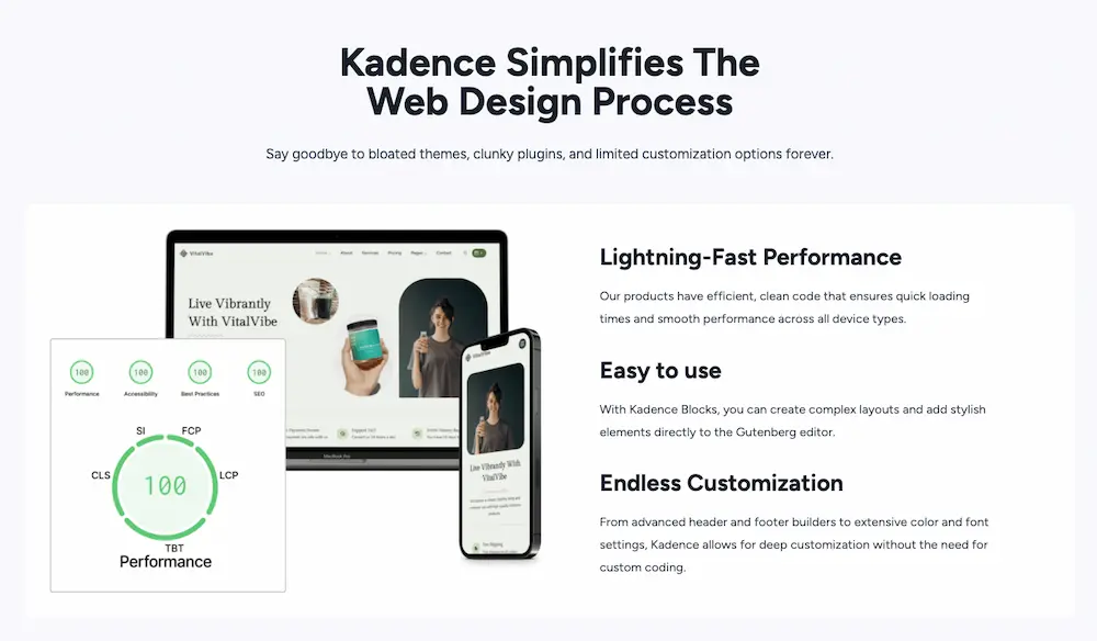 Kadence web design promo showing devices, performance score, and feature highlights.