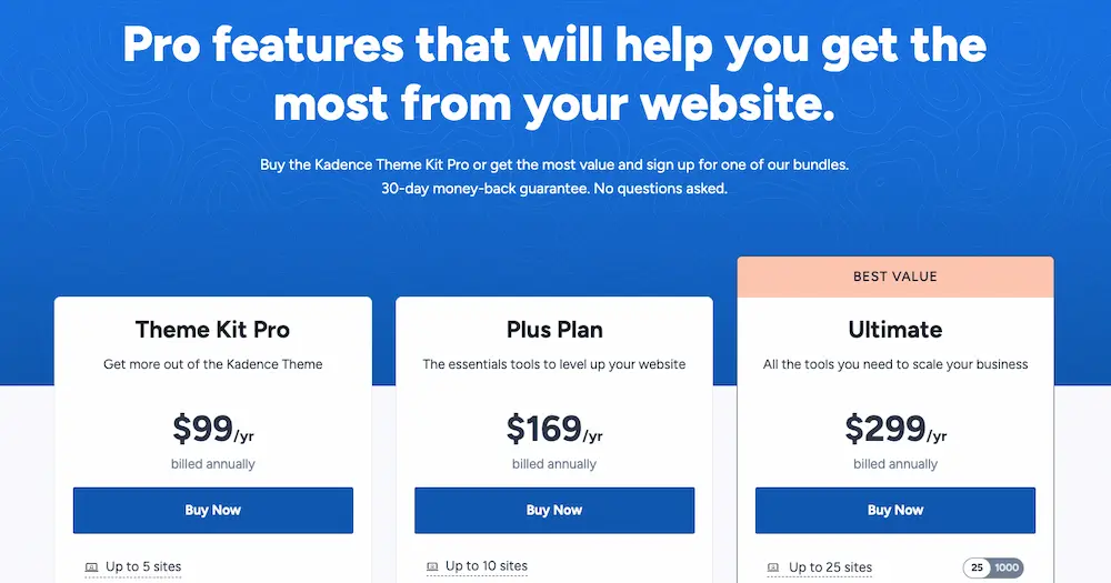 Kadence pricing table showing Theme Kit Pro, Plus Plan, and Ultimate plans with yearly prices.