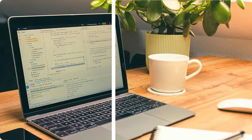 A coding interface of a laptop and desk, web development, wordpress development