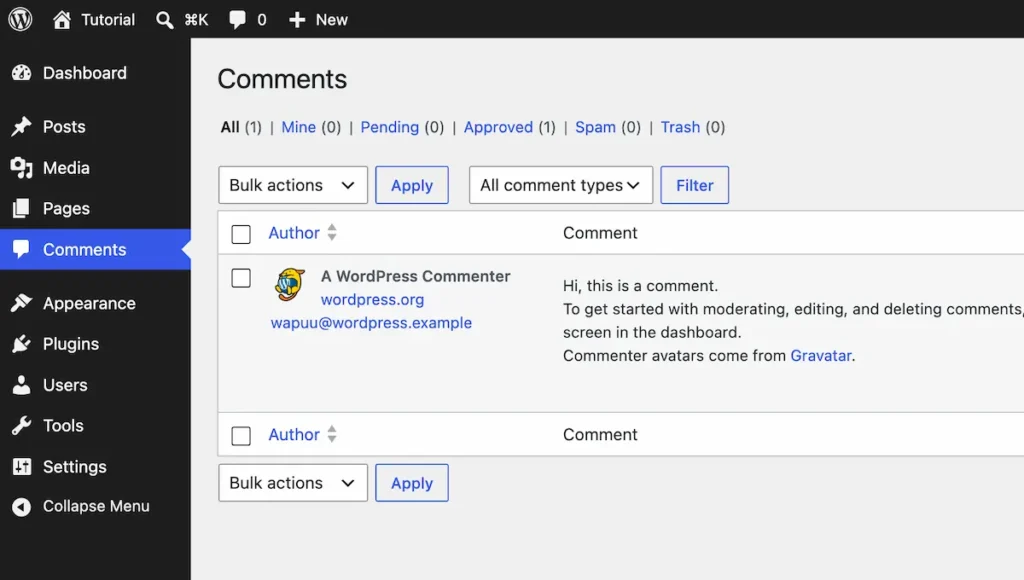 Comments WordPress dashboard