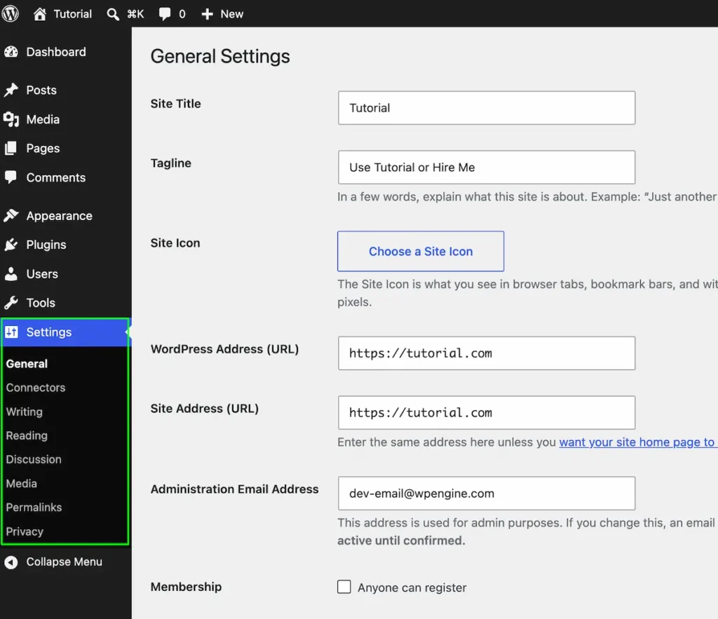 General WordPress dashboard