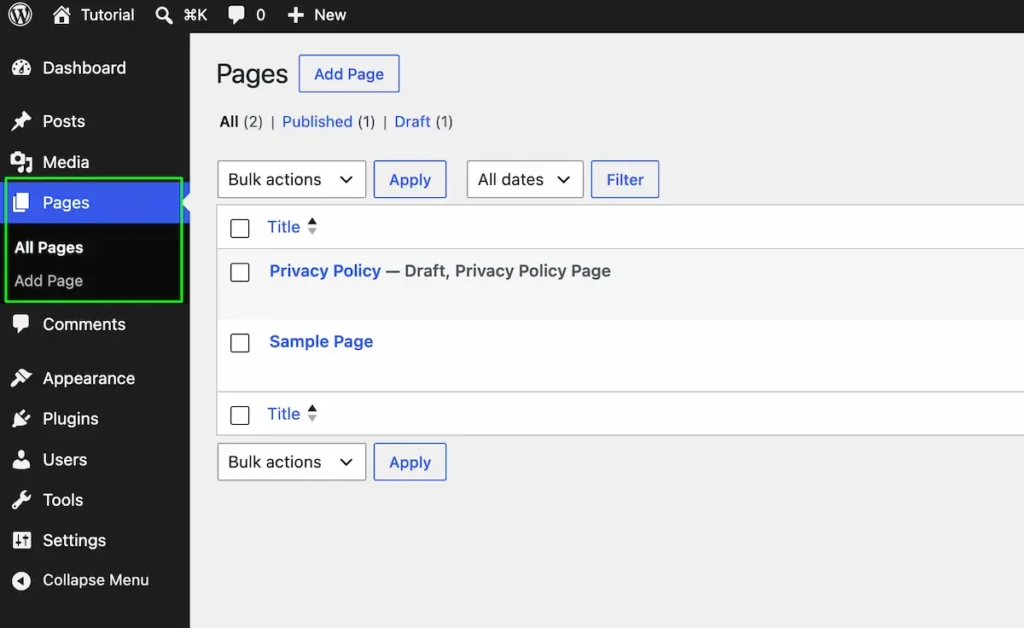 Pages WordPress dashboard