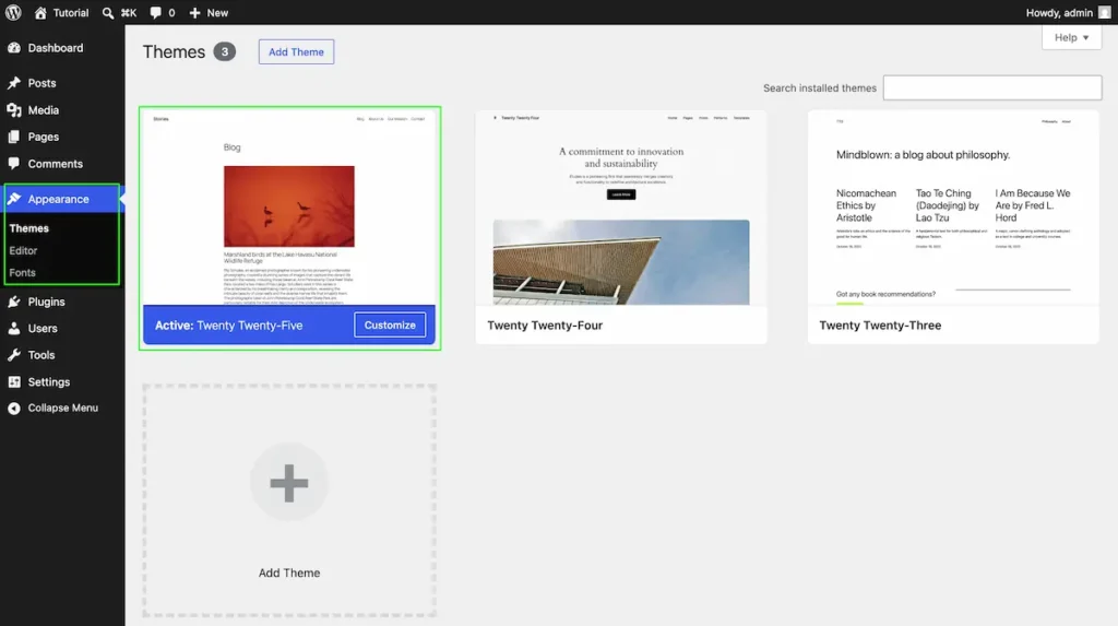 Themes WordPress dashboard