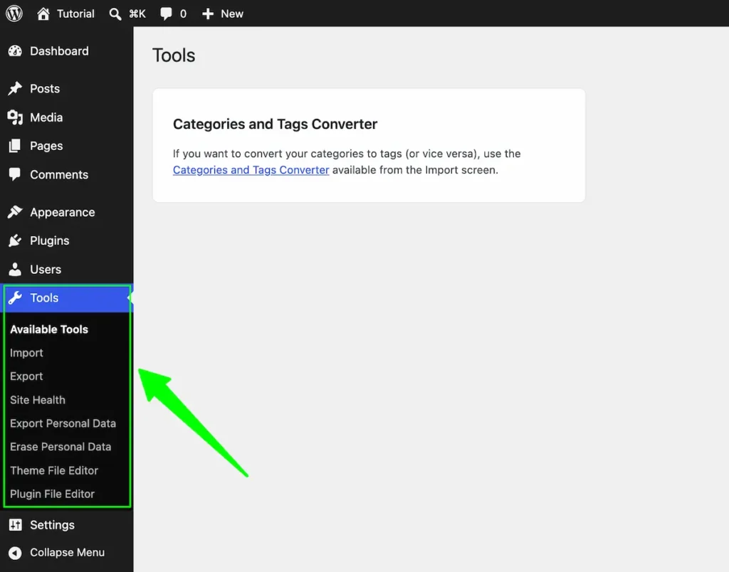 Tools WordPress dashboard