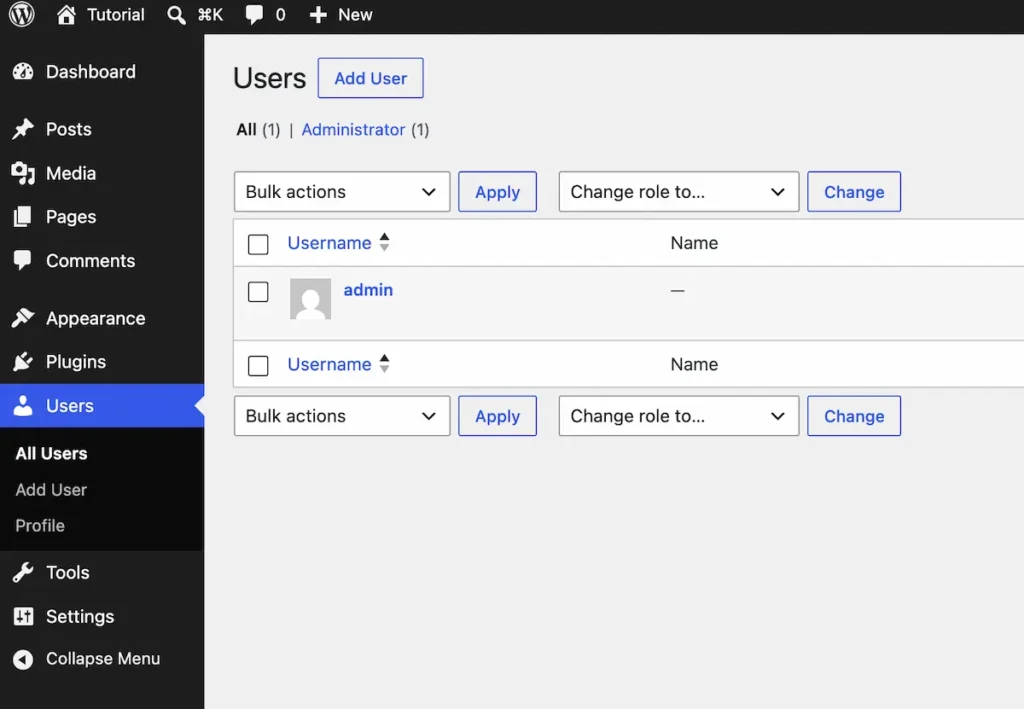 Users WordPress dashboard