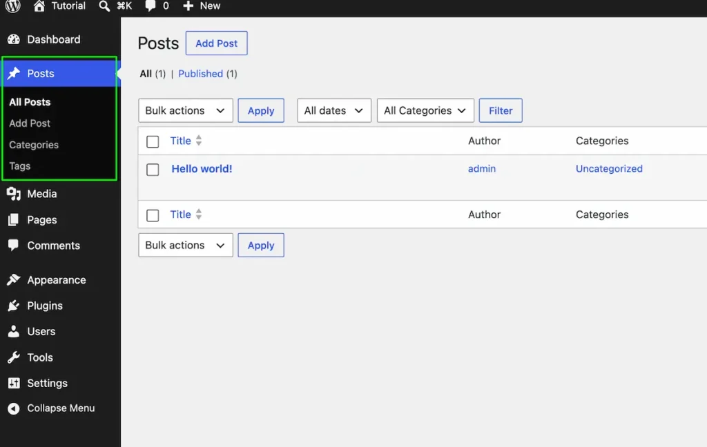 WordPress dashboard post