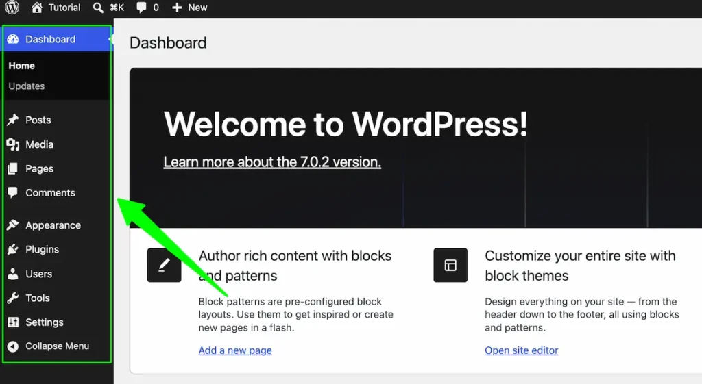WordPress dashoard naigation