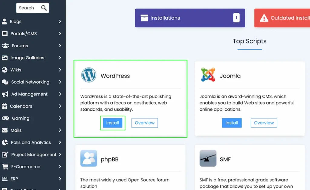 Softaculous apps installer in cPanel