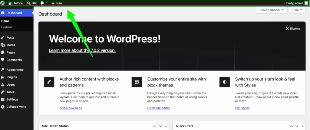 topbar WordPress dashboard