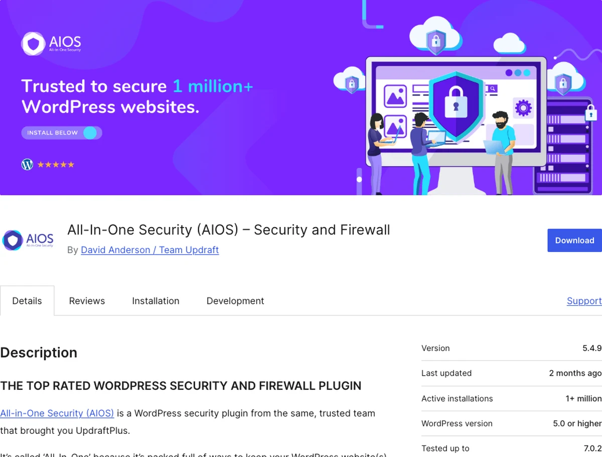 All In One WP Security and Firewall WordPress.org plugin page