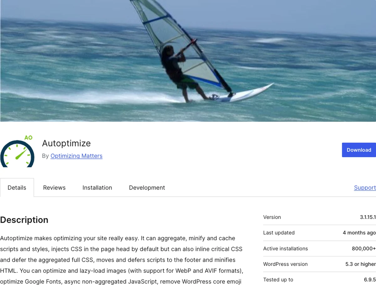Autoptimize WordPress.org plugin page showing CSS, JS, and HTML minification features