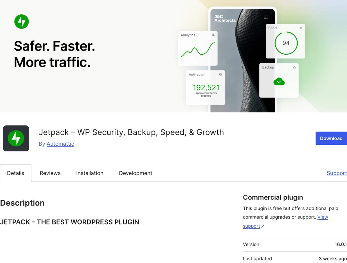 Jetpack WordPress security, backup, and speed plugin page on WordPress.org