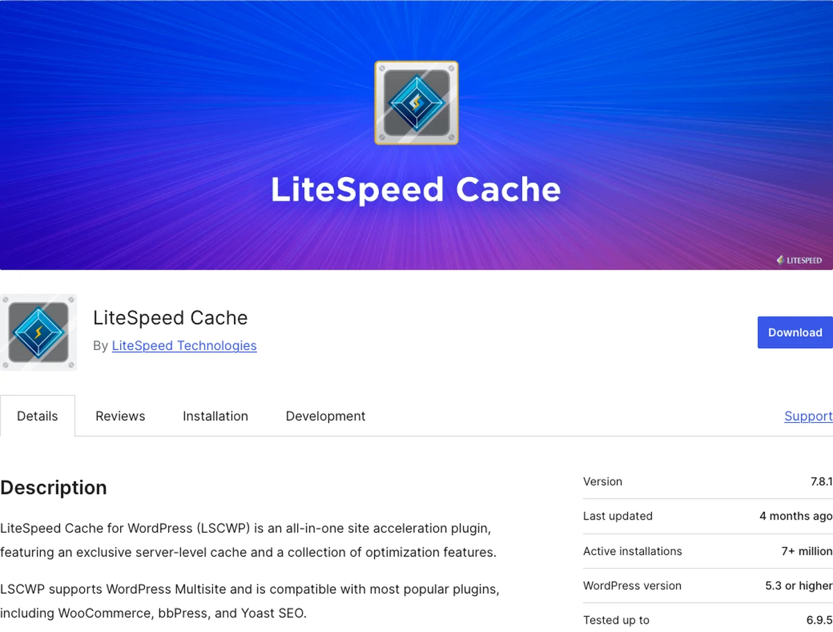 LiteSpeed Cache WordPress.org plugin page showing server-level caching features