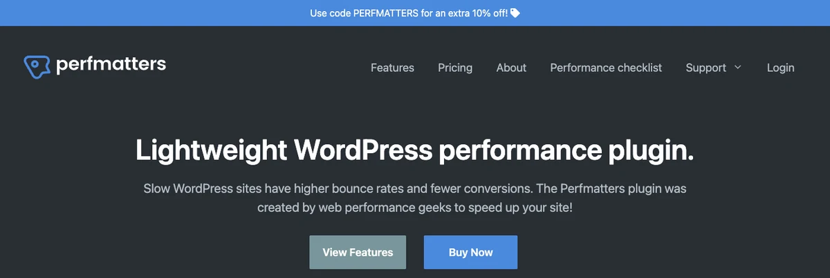 Perfmatters homepage hero showing its lightweight WordPress performance plugin positioning