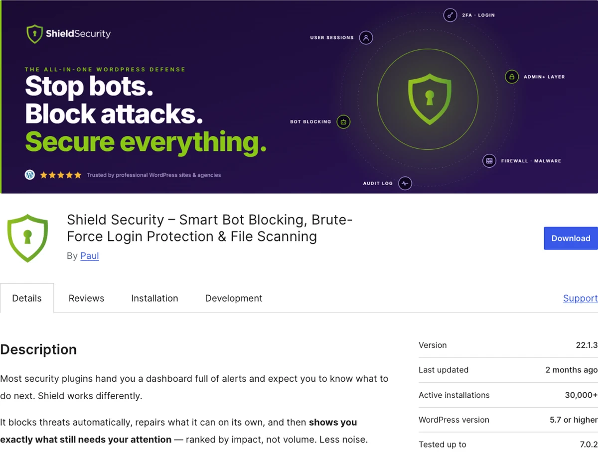 Shield Security WordPress.org plugin page showing automatic bot blocking and firewall protection