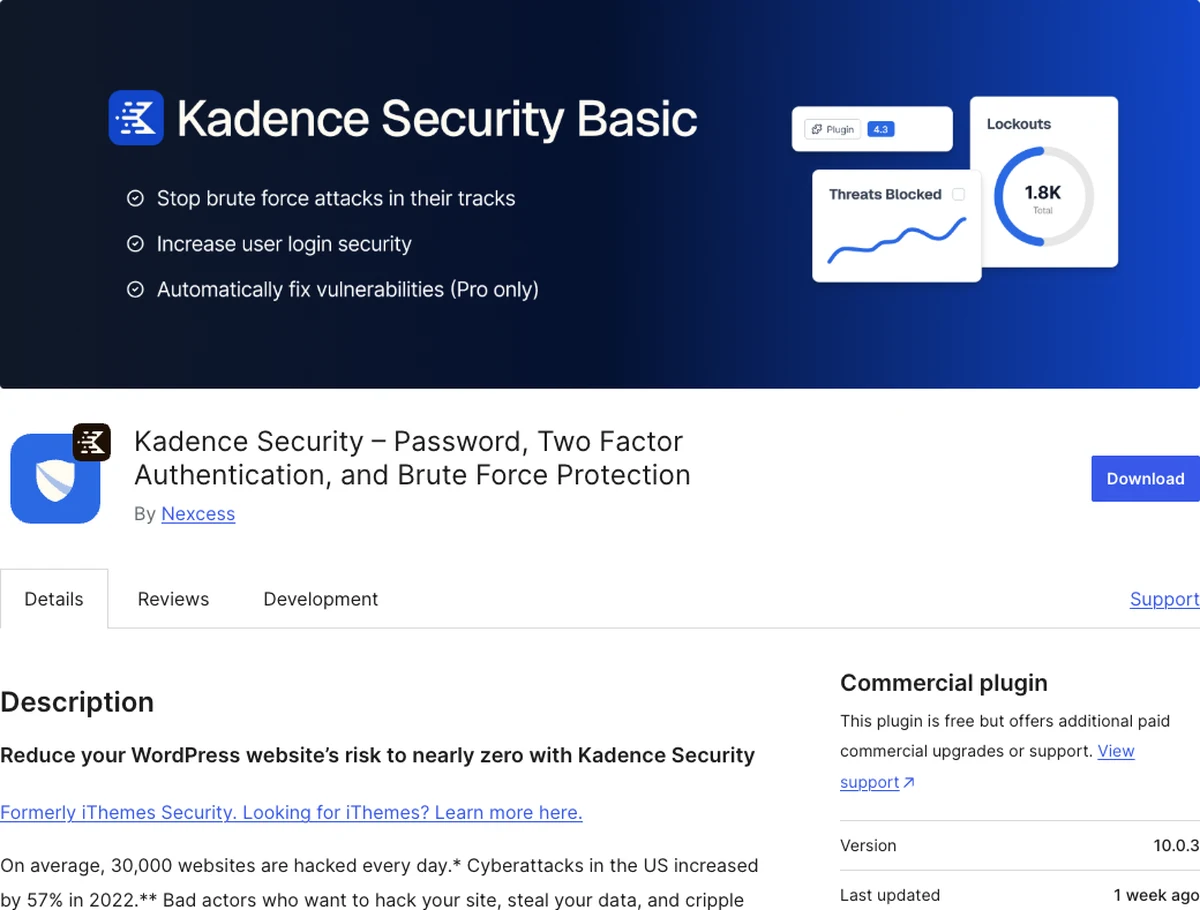 Kadence Security, formerly iThemes Security, WordPress.org plugin page