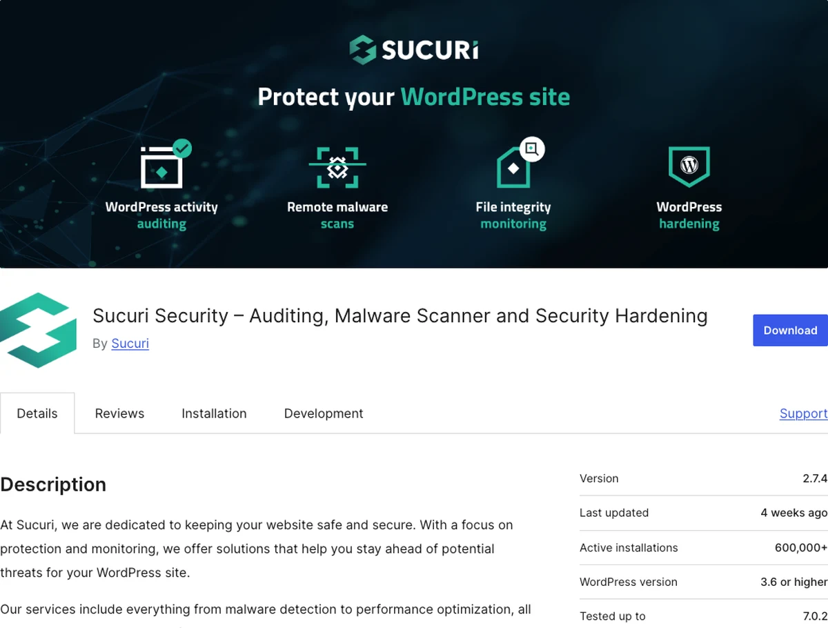 Sucuri Security WordPress.org plugin page showing auditing and malware scanning features
