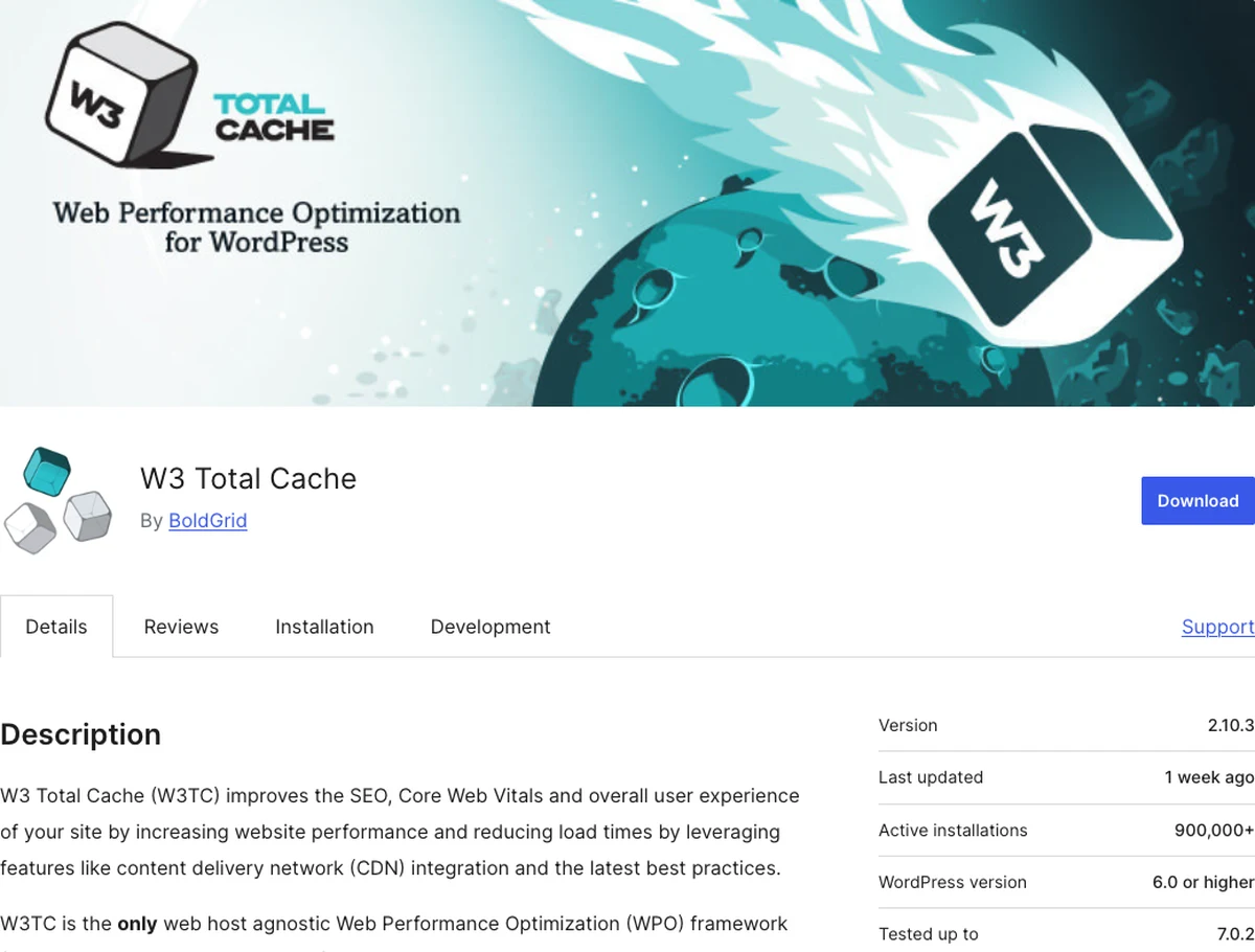 W3 Total Cache WordPress.org plugin page showing multiple caching layer options