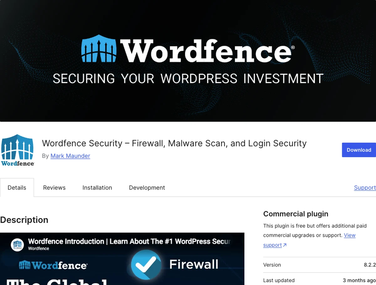 Wordfence Security WordPress.org plugin page showing firewall and malware scan features