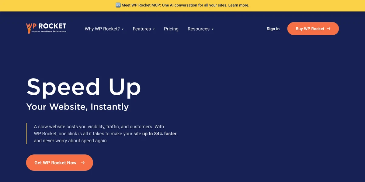 WP Rocket homepage hero showing its zero-configuration WordPress speed positioning
