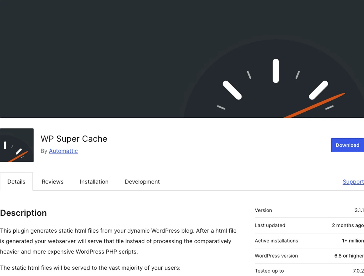 WP Super Cache WordPress.org plugin page showing simple static page caching
