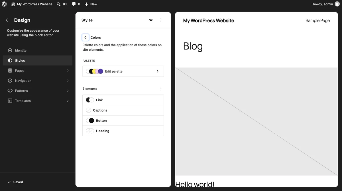 The Site Editor Styles panel showing the colour palette that theme json defines