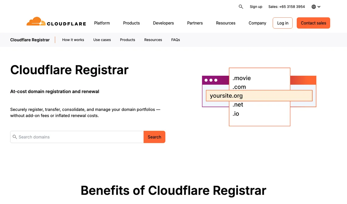 Cloudflare Registrar page showing at-cost domain registration and renewal