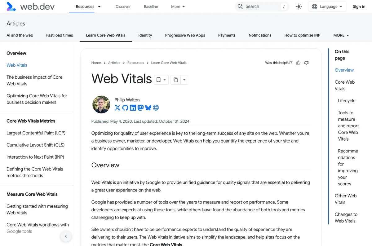 How to Speed Up Your WordPress Site (Core Web Vitals for Beginners) 1 Google's web.dev Web Vitals page explaining LCP, INP, and CLS