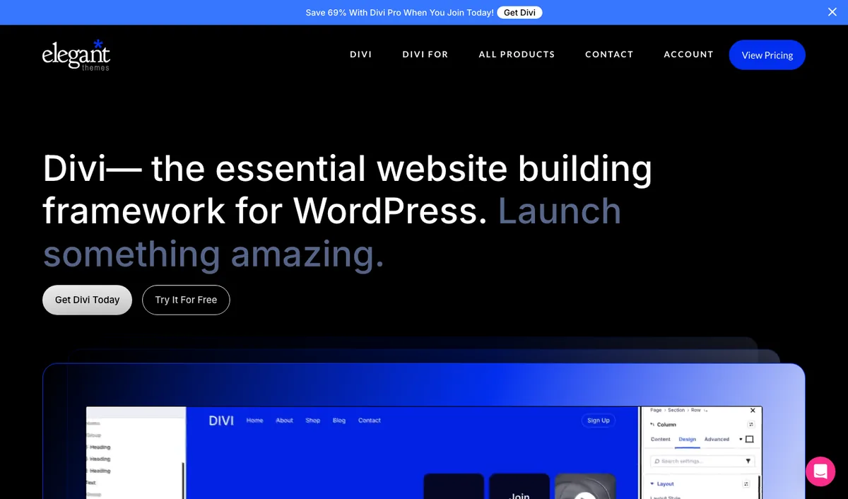 Divi website building framework homepage by Elegant Themes