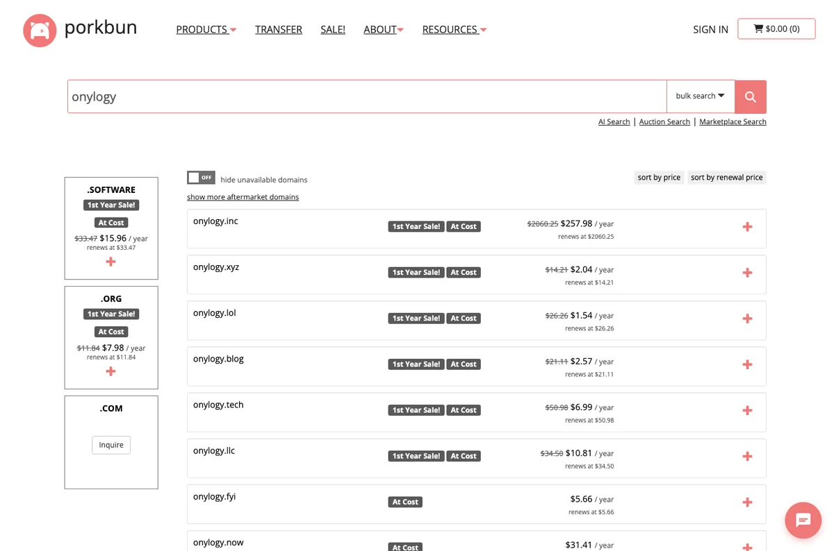 Domain name availability search results at a registrar showing extensions and prices