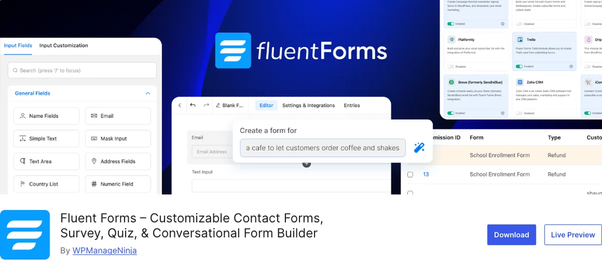 Fluent Forms plugin page on WordPress.org, generous free tier