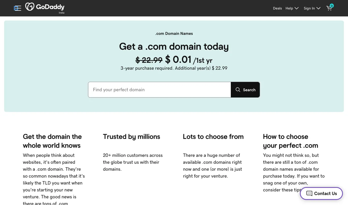 GoDaddy .com domain page showing $0.01 first year with $22.99 renewal and 3-year purchase