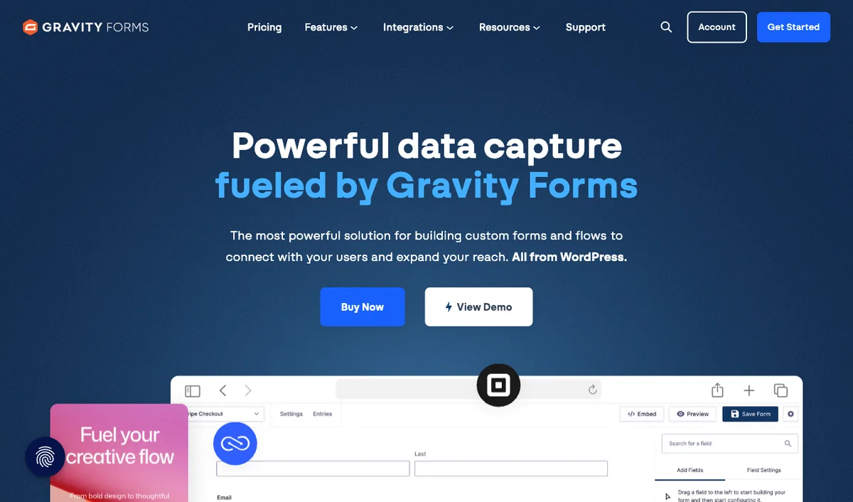 Gravity Forms homepage, the advanced WordPress form builder
