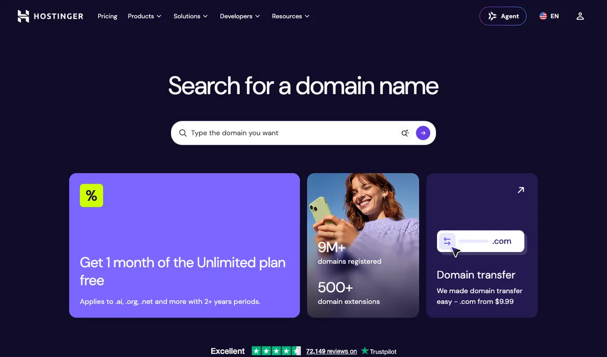 Hostinger domain name search page with free domain offer