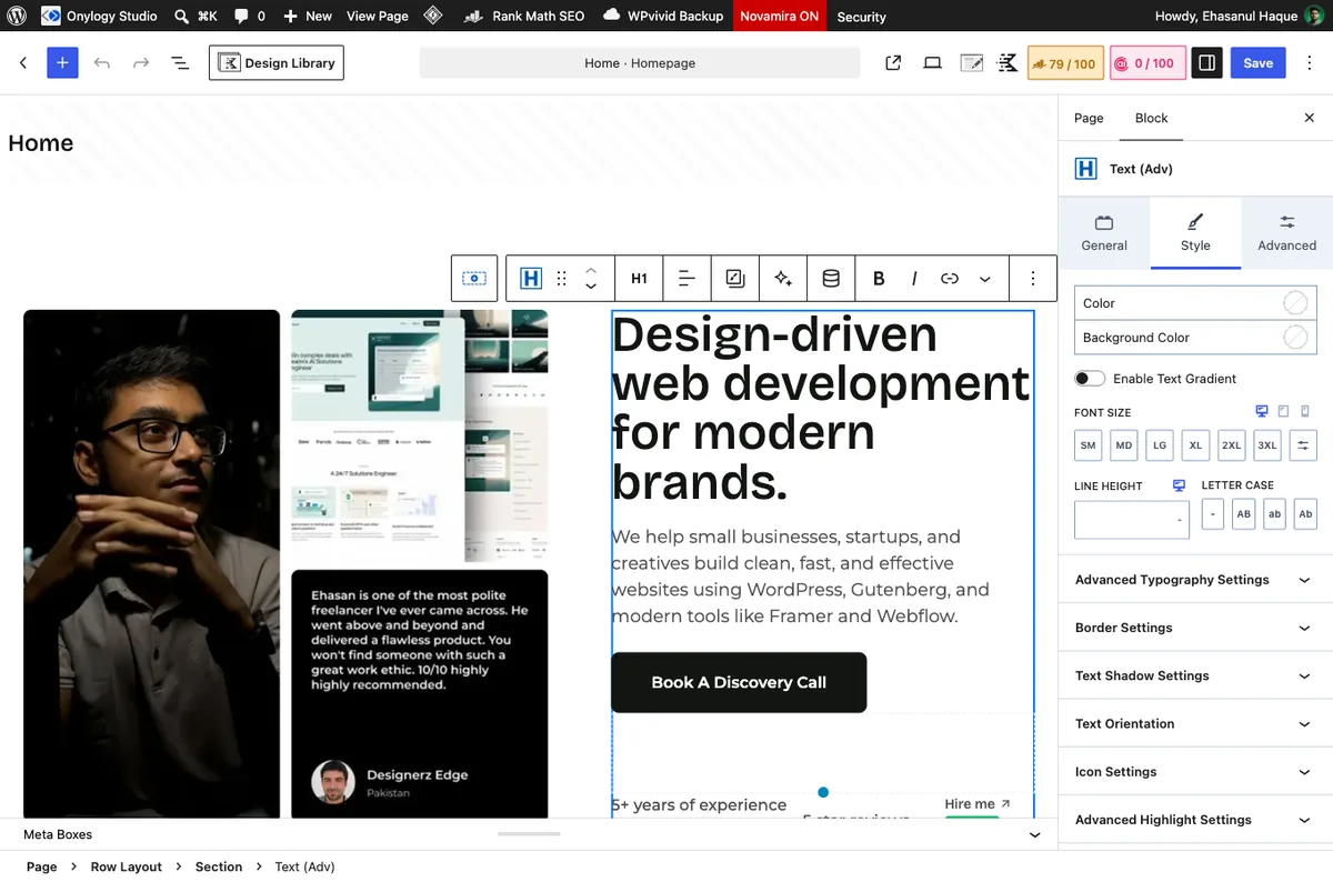 Kadence Blocks Default Settings: How We Configure Every New Client Build 4 Kadence Advanced Text block Style tab with font size and line height left empty on the onylogy.com homepage H1