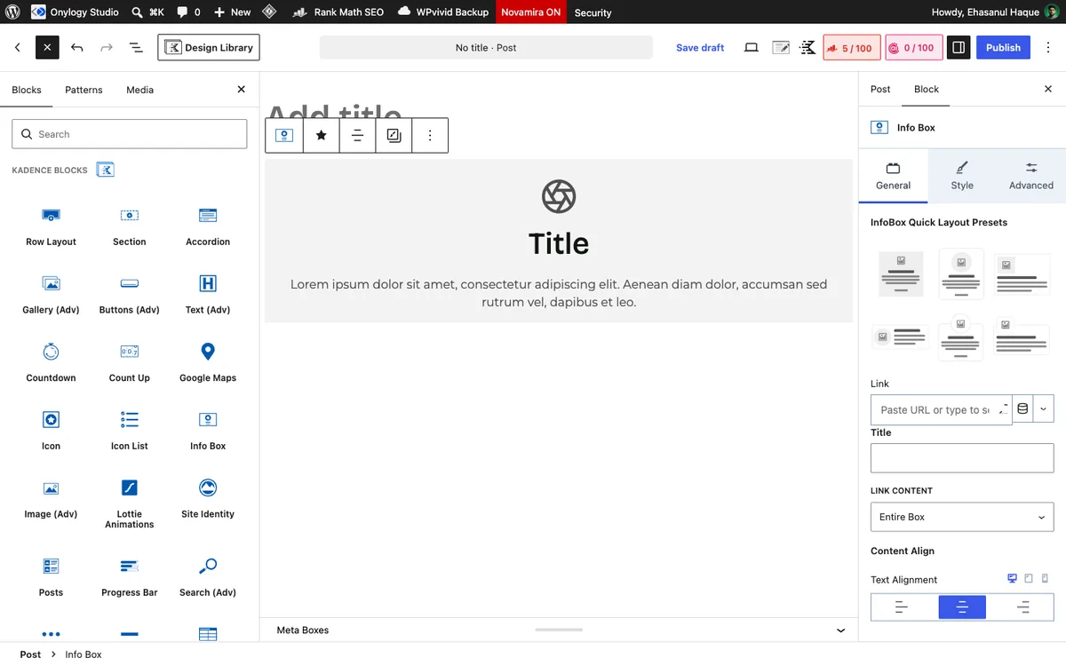 A freshly inserted Kadence Info Box in the editor with the default aperture icon, placeholder title, and Link Content set to Entire Box