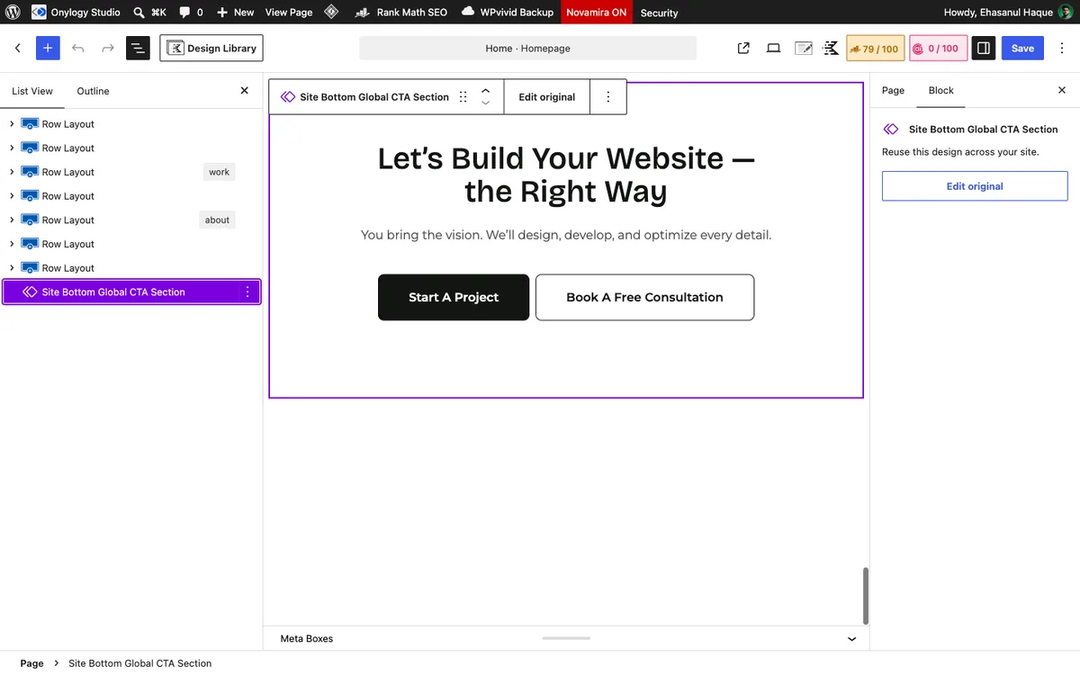 How to Build a Homepage or Landing Page with Kadence Blocks: A Step-by-Step Walkthrough 3 The Site Bottom Global CTA Section synced pattern selected in the editor on the onylogy.com homepage
