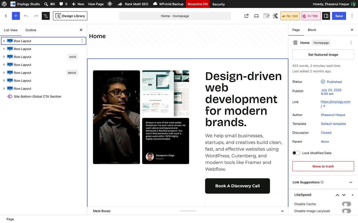 WordPress editor list view of the onylogy.com homepage showing seven top-level Row Layouts and the reusable CTA block