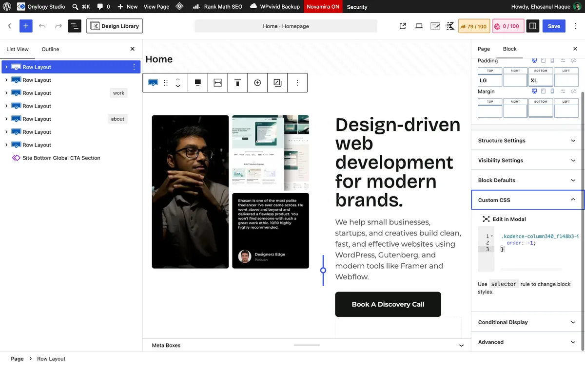 Common Kadence Blocks Mistakes (and How to Fix Them) 1 Kadence Row Layout Custom CSS box on the onylogy.com hero containing the order: -1 rule