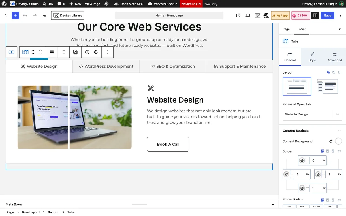 Kadence Tabs block General tab on onylogy.com: layout, initial open tab, content border set to 0 top and 1px sides
