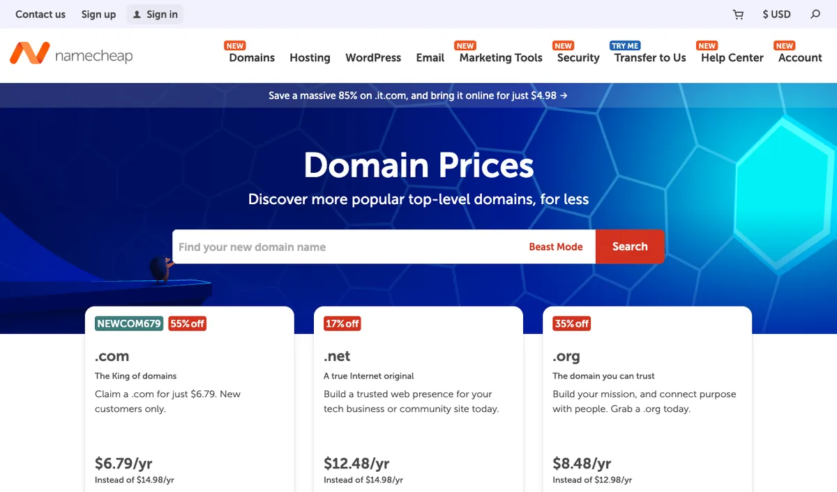 Namecheap domain prices page showing .com at $6.79 first year and $14.98 renewal